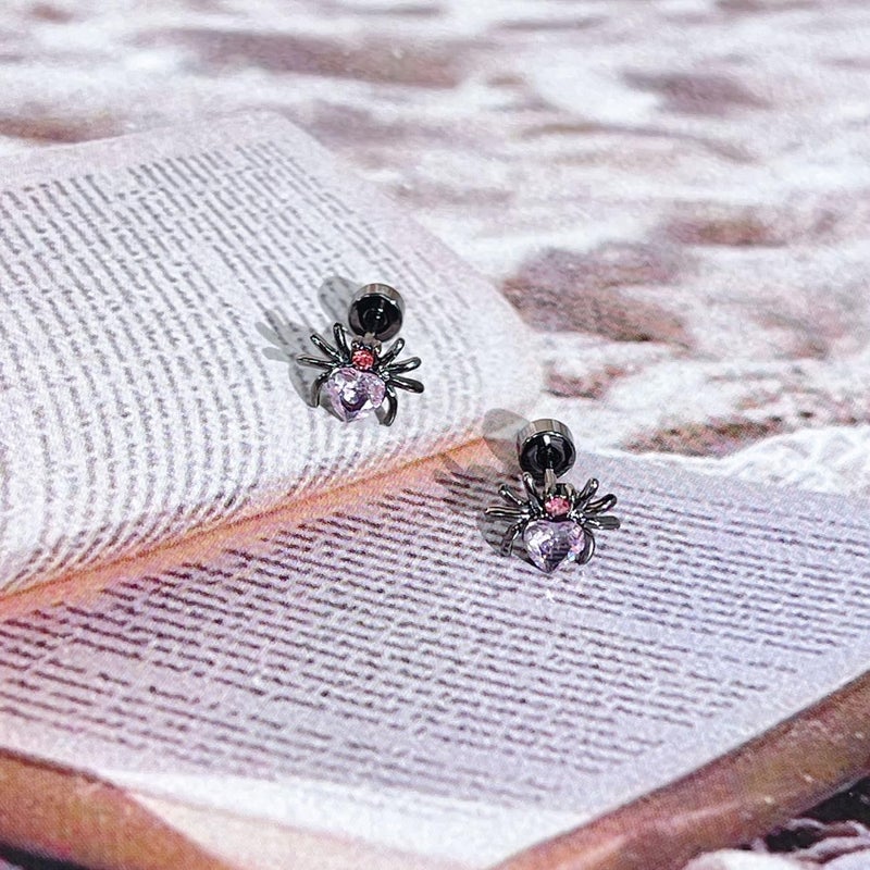 Izpack Punk CZ Spider Cartilage Tiny Stud Earrings Stainless Steel Pink Black Golden Plated Animal Crystal Love Heart Screw Flat Back Tragus Helix Studs Earring Cute Gothic Halloween Party Jewelry Gifts 18G - Image 4
